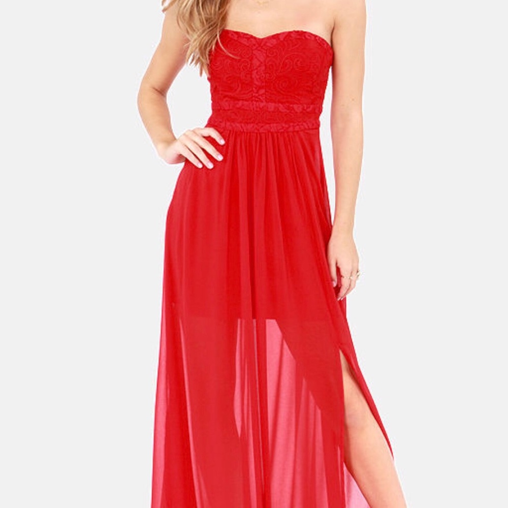 ARYN K GOOD GRACES STRAPLESS RED LACE MAXI DRESS